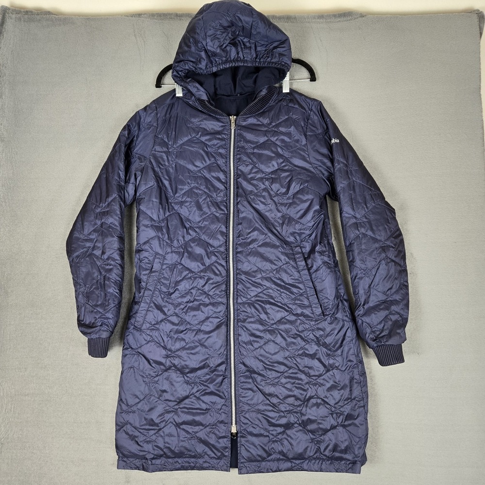 Columbia Reversible Coat Womens Large Blue Hillswest Garden Mid Length‎ Hooded